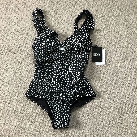 DKNY Fluttered Swimsuit Womens Black White Polka Dot Size 4 One Piece Ruffle - Picture 1 of 8